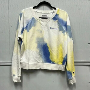 Women’s Champion French Terry Crew Neck Sweatshirt Large Tie-Dye Blue/Yellow EUC